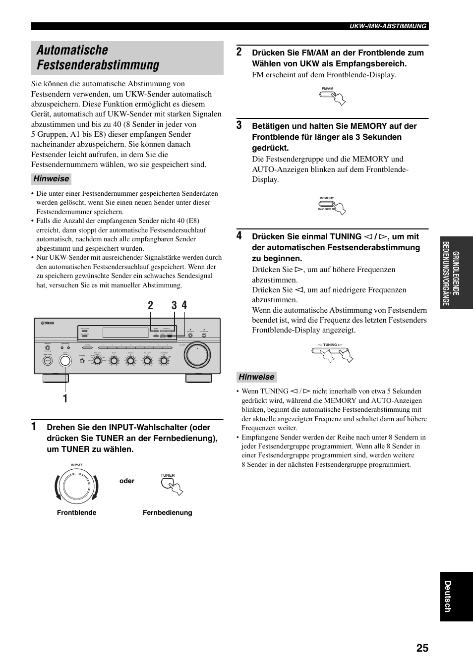 Automatische festsenderabstimmung, Iehe seite 25), Hinweise | Yamaha RX-797 User Manual | Page 115 / 266