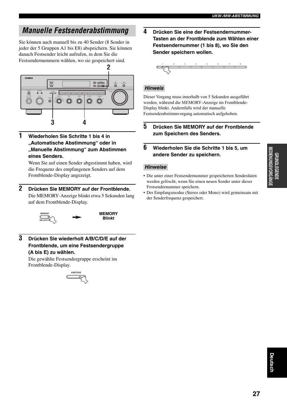 Manuelle festsenderabstimmung, Seite 27), Hinweis hinweise | On off, Man'l/auto fm, Auto/man'l b a, Md/tape source cd dvd vcr tuner dtv/cbl phono | Yamaha RX-797 User Manual | Page 117 / 266