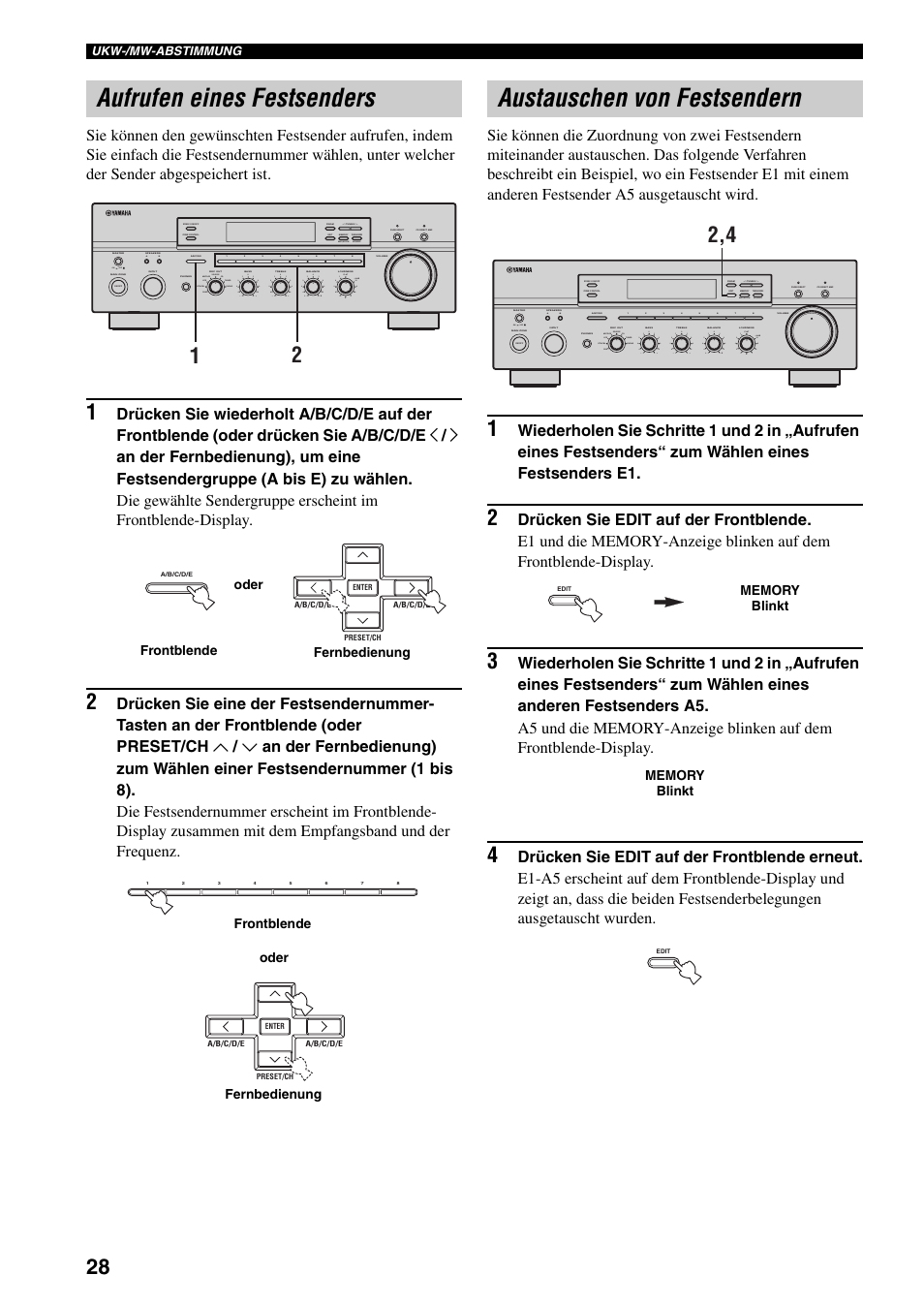 Aufrufen eines festsenders, Austauschen von festsendern, Seite 28) | E 28), On off, Man'l/auto fm, Auto/man'l b a, Md/tape source cd dvd vcr tuner dtv/cbl phono | Yamaha RX-797 User Manual | Page 118 / 266