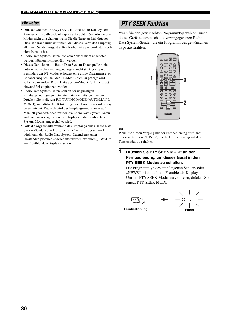 Pty seek funktion, Fernbedienung blinkt, Radio data system (nur modell für europa) | Yamaha RX-797 User Manual | Page 120 / 266