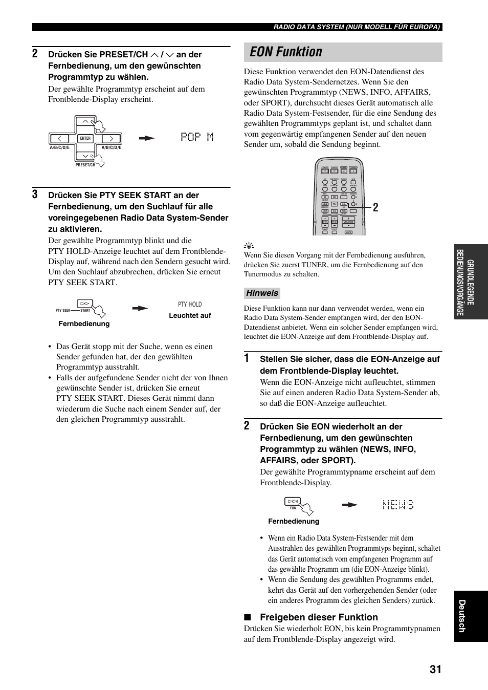 Eon funktion, Pop m, Freigeben dieser funktion | De utsc h g rundl egende bedienun gsv o rg äng e, Hinweis | Yamaha RX-797 User Manual | Page 121 / 266