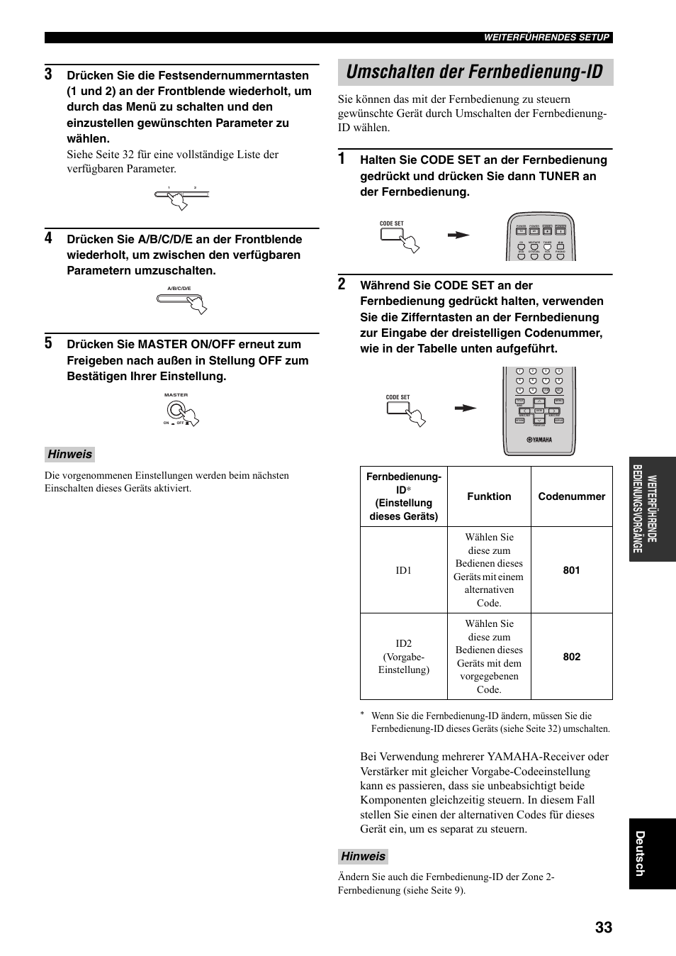 Umschalten der fernbedienung-id, D 33), Hinweis | Yamaha RX-797 User Manual | Page 123 / 266