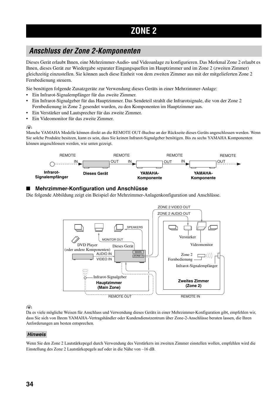 Zone 2, Anschluss der zone 2-komponenten, Siehe seite 34 | Siehe seite 34 für, Mehrzimmer-konfiguration und anschlüsse | Yamaha RX-797 User Manual | Page 124 / 266