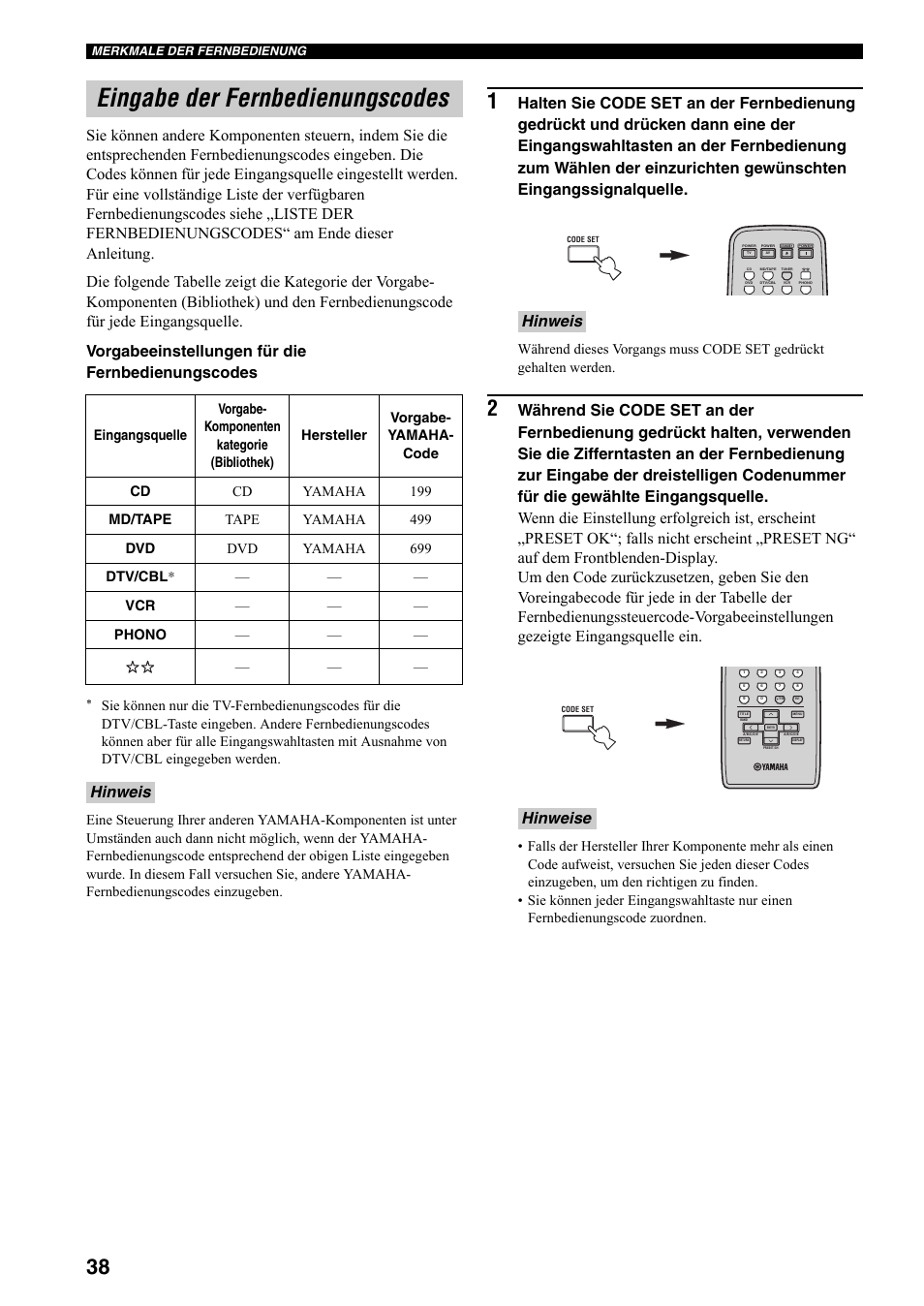 Eingabe der fernbedienungscodes, Hinweis, Hinweis hinweise | Yamaha RX-797 User Manual | Page 128 / 266