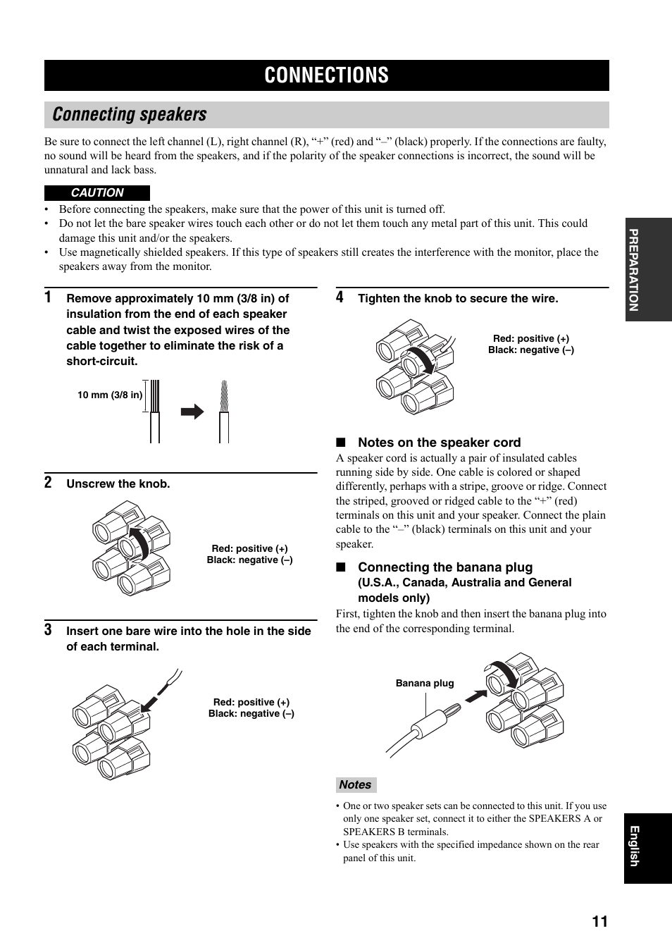 Preparation, Connections, Connecting speakers | Yamaha RX-797 User Manual | Page 13 / 266
