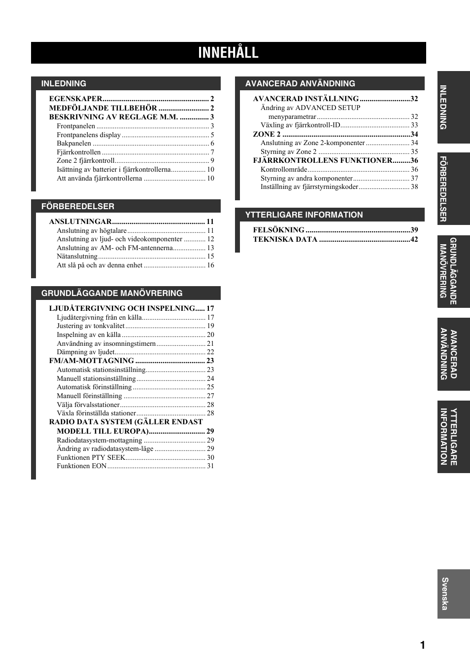 Innehåll | Yamaha RX-797 User Manual | Page 135 / 266