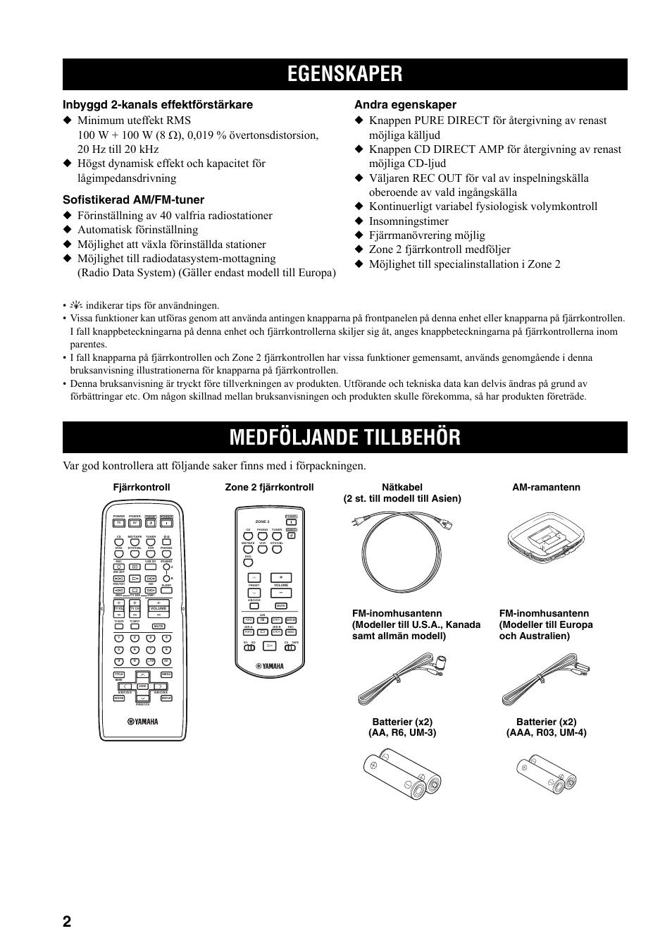 Inledning, Egenskaper, Medföljande tillbehör | Egenskaper medföljande tillbehör | Yamaha RX-797 User Manual | Page 136 / 266