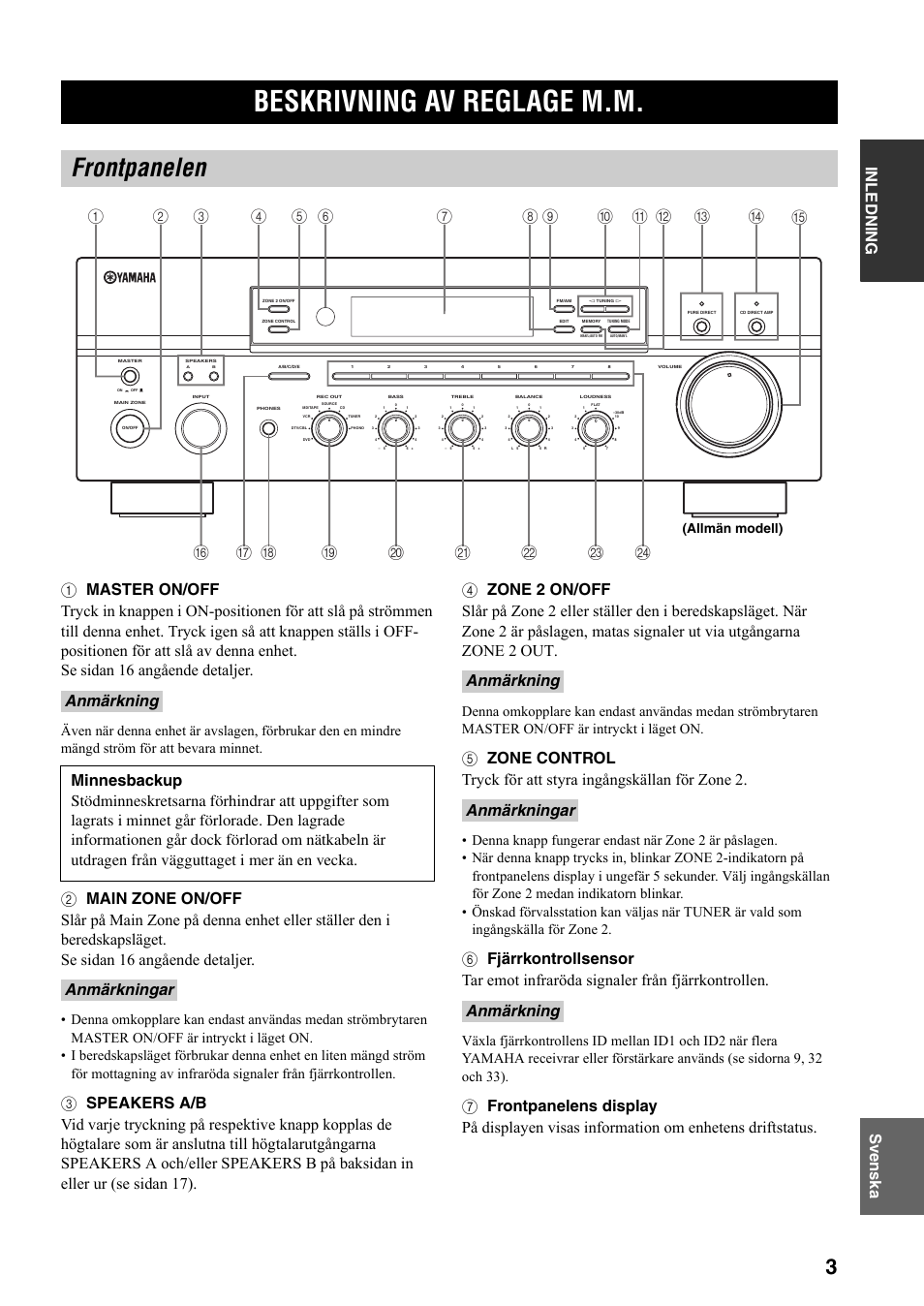 Beskrivning av reglage m.m, Frontpanelen, Allmän modell) | Yamaha RX-797 User Manual | Page 137 / 266