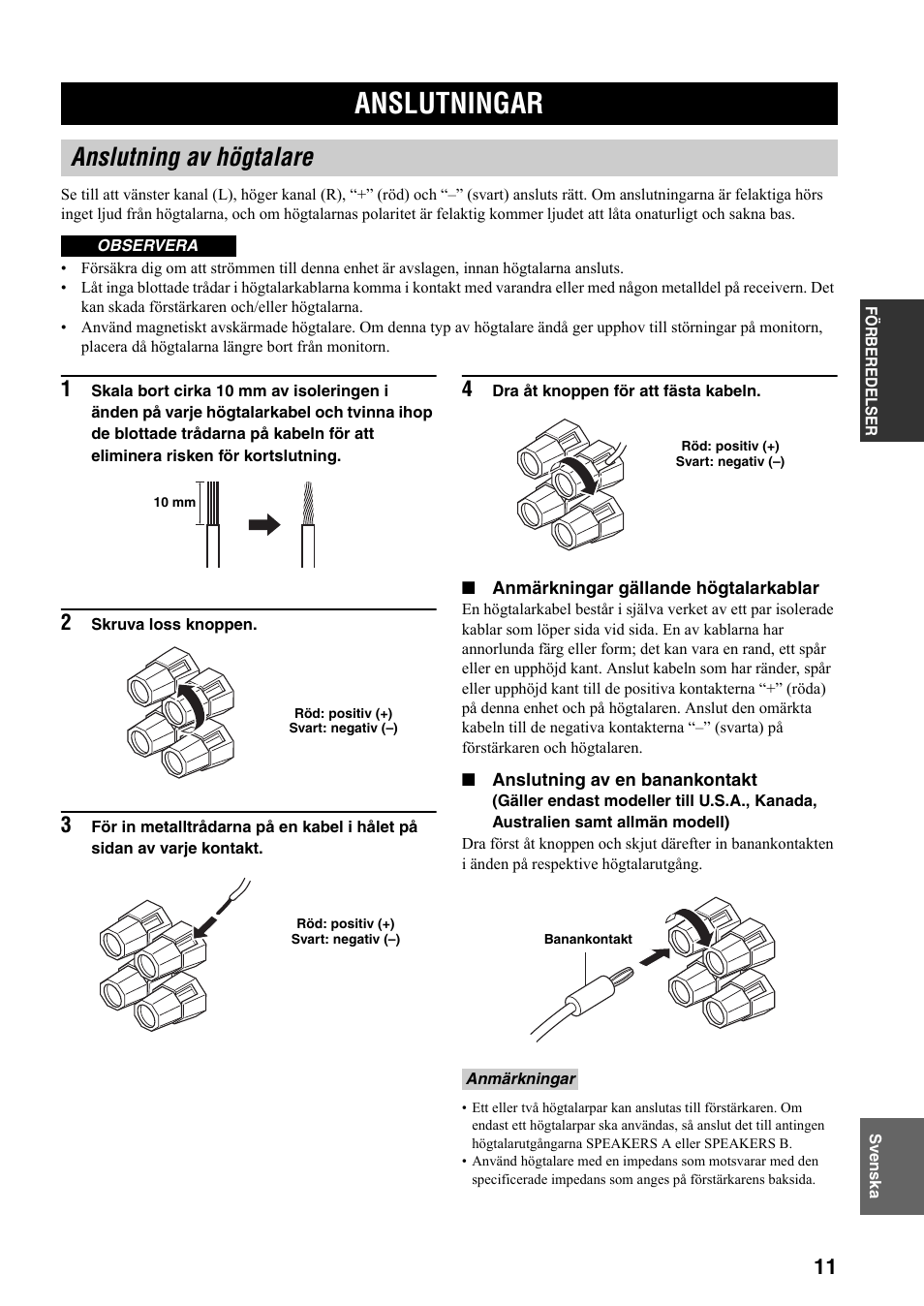 Förberedelser, Anslutningar, Anslutning av högtalare | Se sidan 11 för info | Yamaha RX-797 User Manual | Page 145 / 266