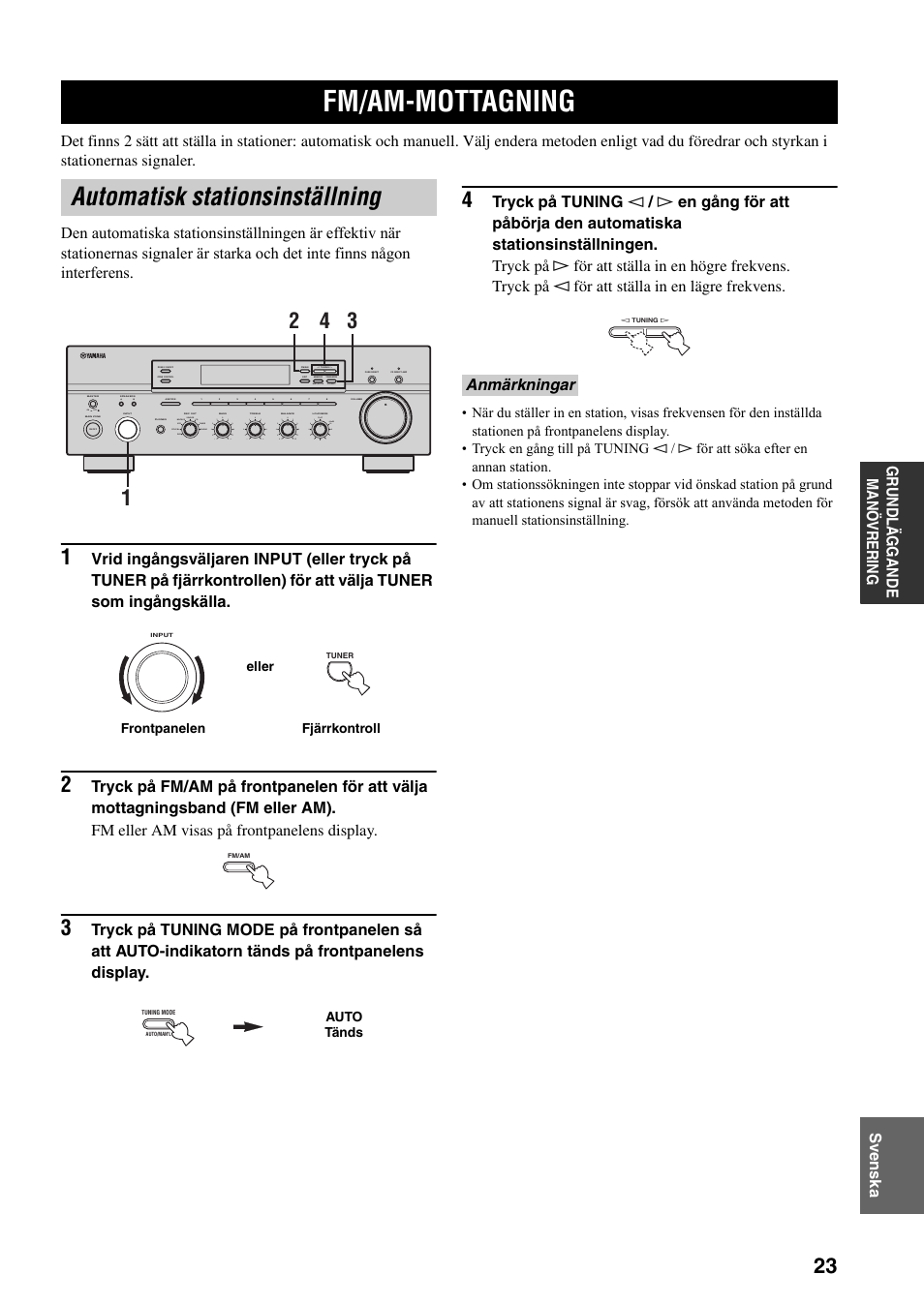 Fm/am-mottagning, Automatisk stationsinställning, Ngskälla (se sidan 23 | E sidan 23), Anmärkningar | Yamaha RX-797 User Manual | Page 157 / 266