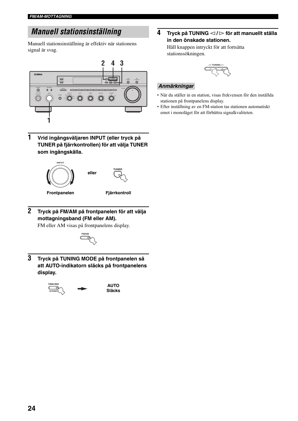 Manuell stationsinställning, Anmärkningar, On off | Man'l/auto fm, Auto/man'l b a, Md/tape source cd dvd vcr tuner dtv/cbl phono | Yamaha RX-797 User Manual | Page 158 / 266