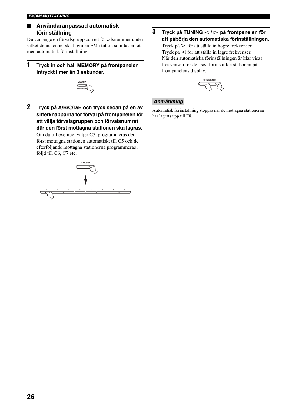 Lla (se sidan 26), Användaranpassad automatisk förinställning, Anmärkning | Yamaha RX-797 User Manual | Page 160 / 266