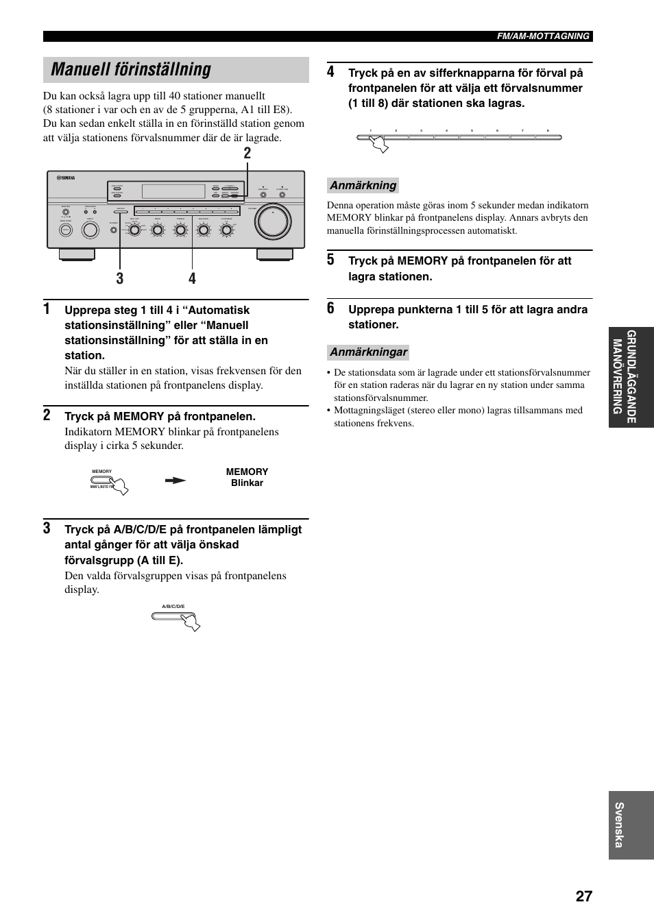 Manuell förinställning, Anmärkning anmärkningar | Yamaha RX-797 User Manual | Page 161 / 266