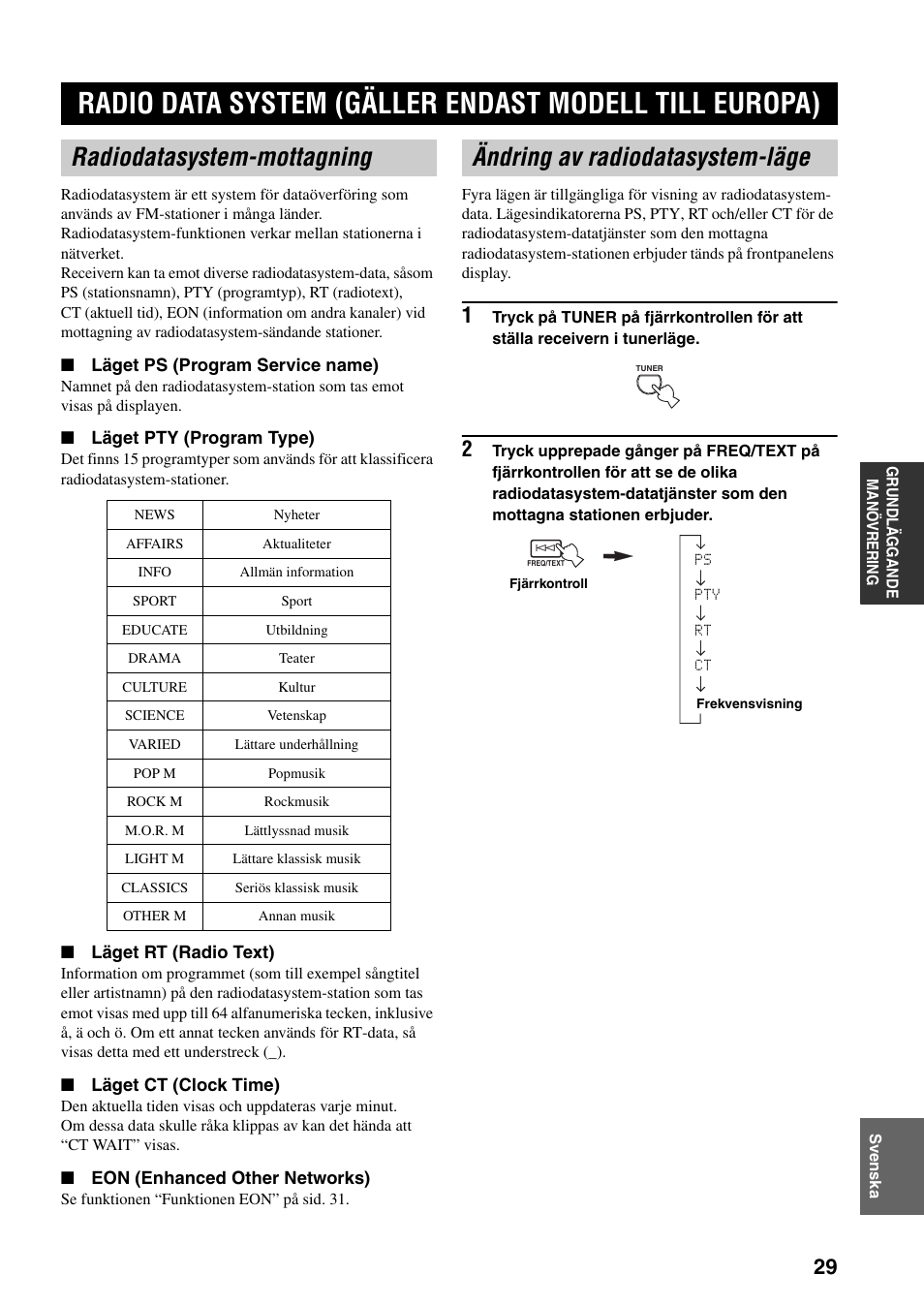 Radiodatasystem-mottagning, Ändring av radiodatasystem-läge, Radio data system (gäller endast | Modell till europa), Se “radiodatasystem-mottagning” på sidan 29 | Yamaha RX-797 User Manual | Page 163 / 266