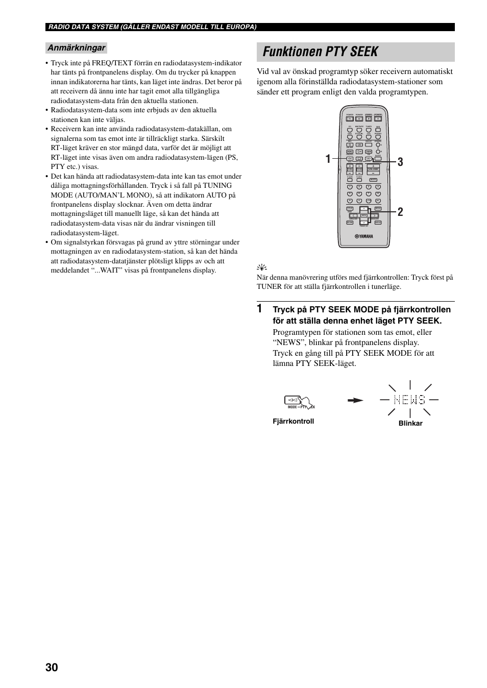 Funktionen pty seek, Fjärrkontroll blinkar | Yamaha RX-797 User Manual | Page 164 / 266