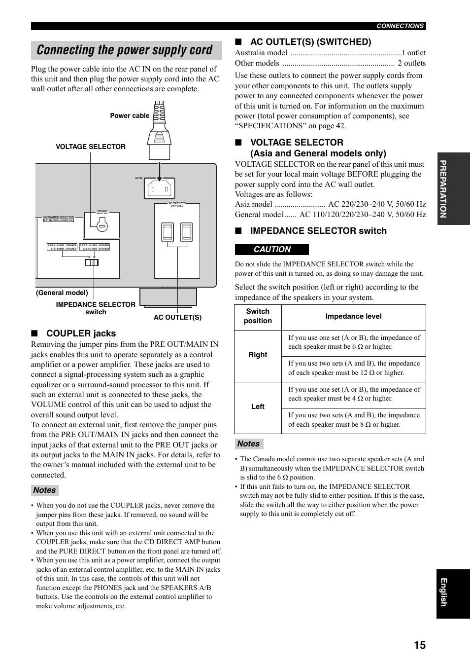 Connecting the power supply cord, Coupler jacks, Ac outlet(s) (switched) | Voltage selector (asia and general models only), Impedance selector switch | Yamaha RX-797 User Manual | Page 17 / 266