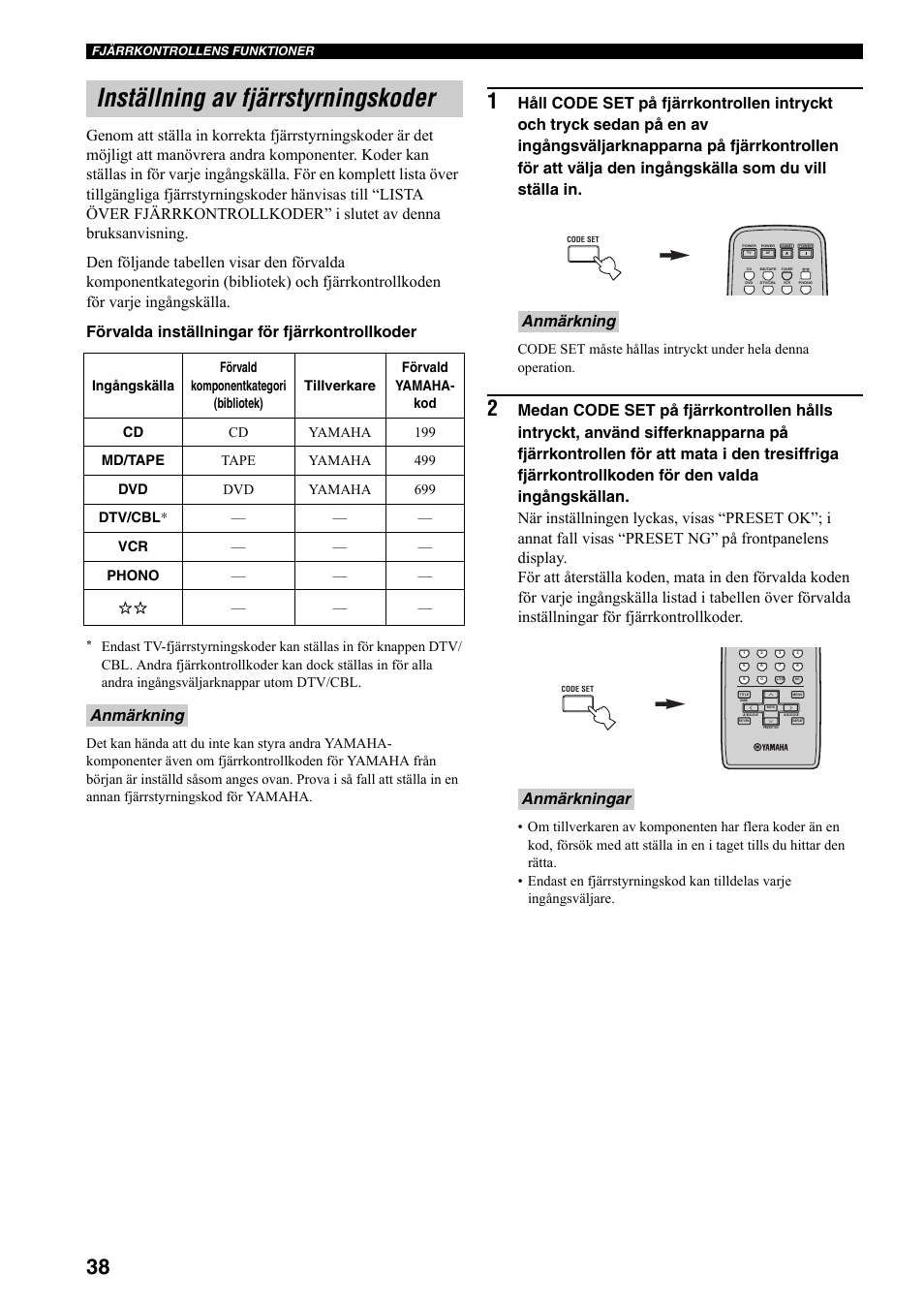 Inställning av fjärrstyrningskoder, Anmärkning, Anmärkning anmärkningar | Yamaha RX-797 User Manual | Page 172 / 266