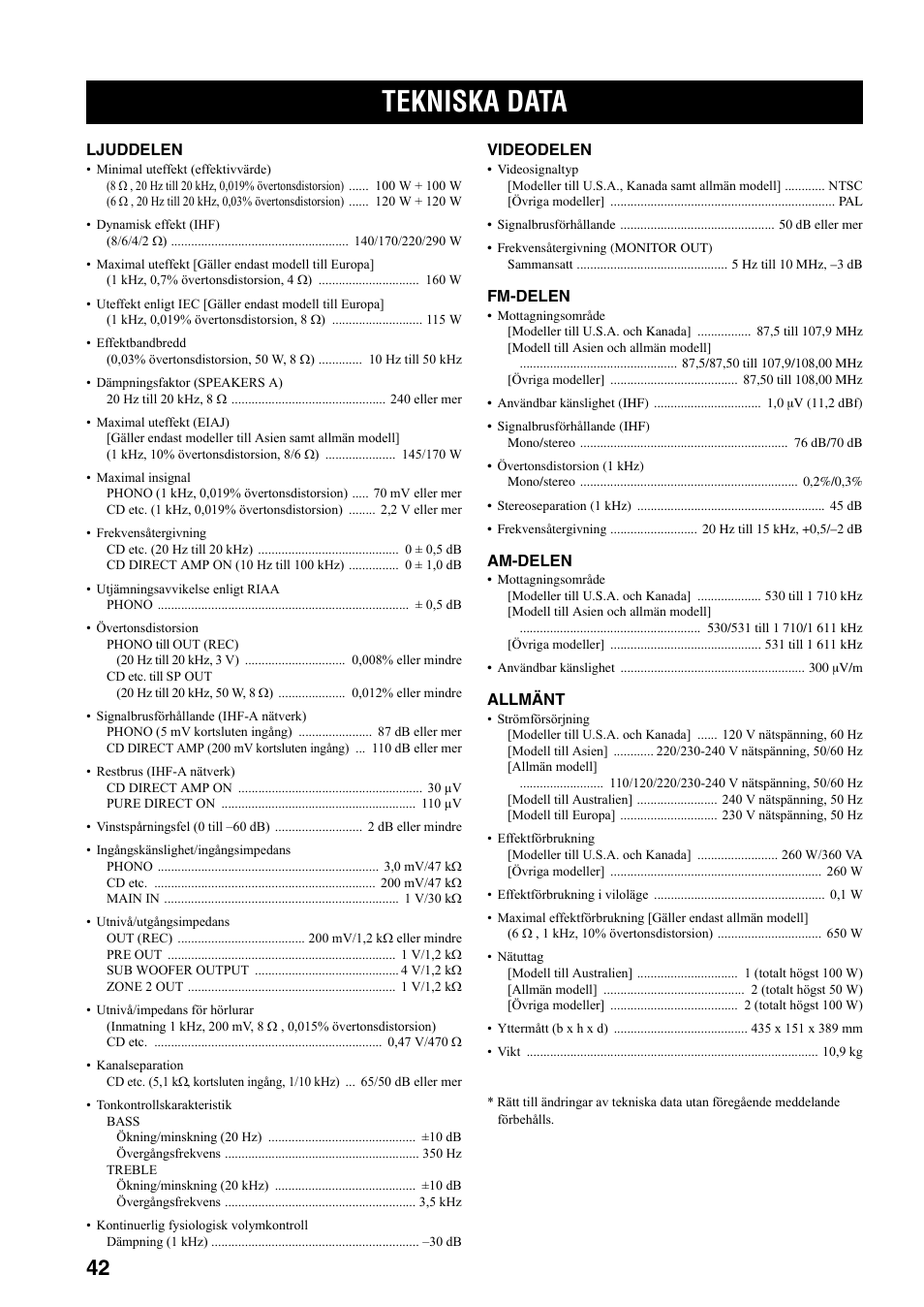 Tekniska data | Yamaha RX-797 User Manual | Page 176 / 266