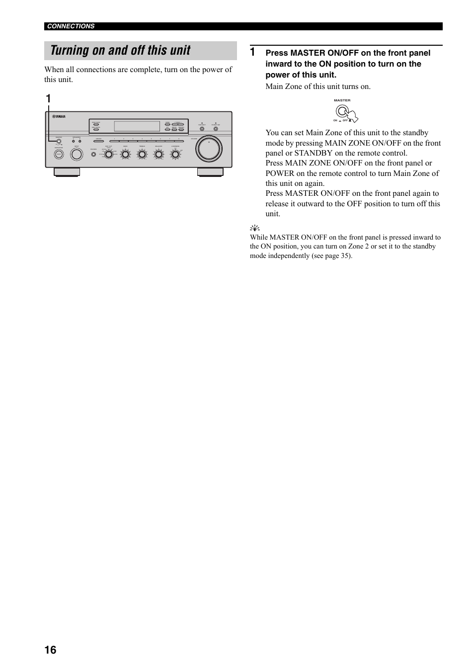 Turning on and off this unit, On off, Man'l/auto fm | Auto/man'l b a, Md/tape source cd dvd vcr tuner dtv/cbl phono | Yamaha RX-797 User Manual | Page 18 / 266