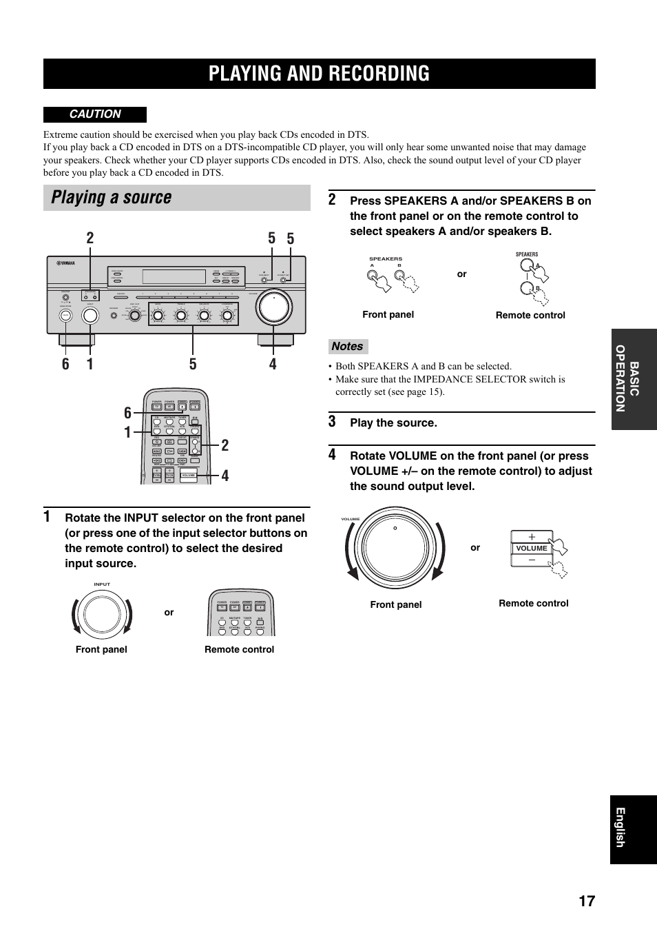 Basic operation, Playing and recording, Playing a source | Play the source, Caution, On off, Man'l/auto fm, Auto/man'l b a, Md/tape source cd dvd vcr tuner dtv/cbl phono, Front panel remote control or | Yamaha RX-797 User Manual | Page 19 / 266