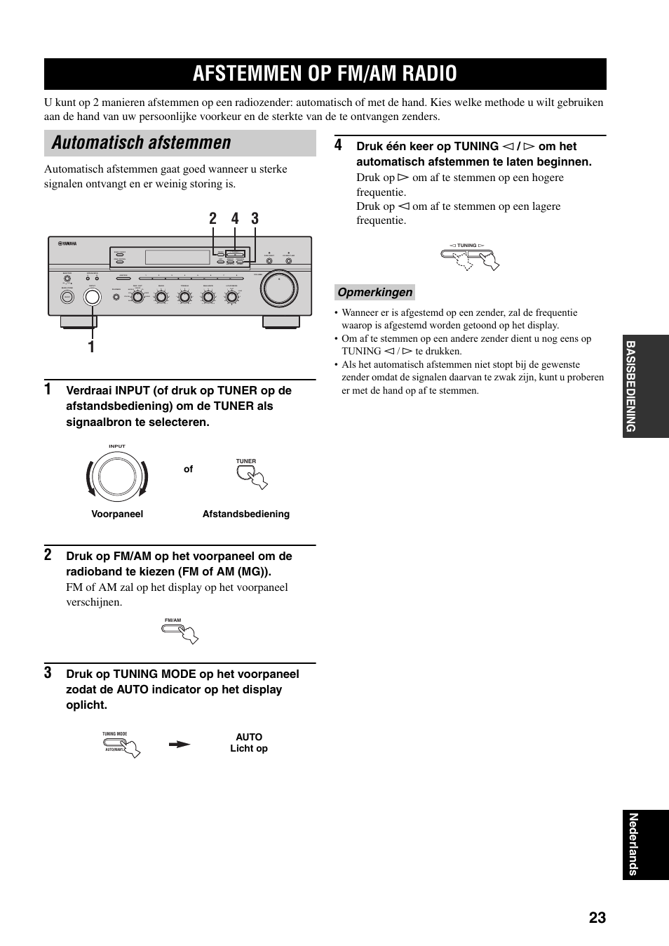 Afstemmen op fm/am radio, Automatisch afstemmen, Opmerkingen | On off, Man'l/auto fm, Auto/man'l b a, Md/tape source cd dvd vcr tuner dtv/cbl phono | Yamaha RX-797 User Manual | Page 201 / 266