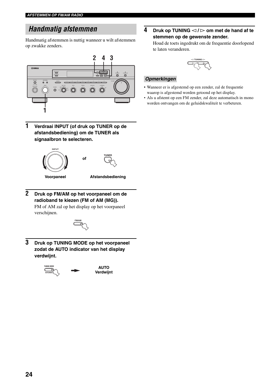 Handmatig afstemmen, Opmerkingen, On off | Man'l/auto fm, Auto/man'l b a, Md/tape source cd dvd vcr tuner dtv/cbl phono | Yamaha RX-797 User Manual | Page 202 / 266