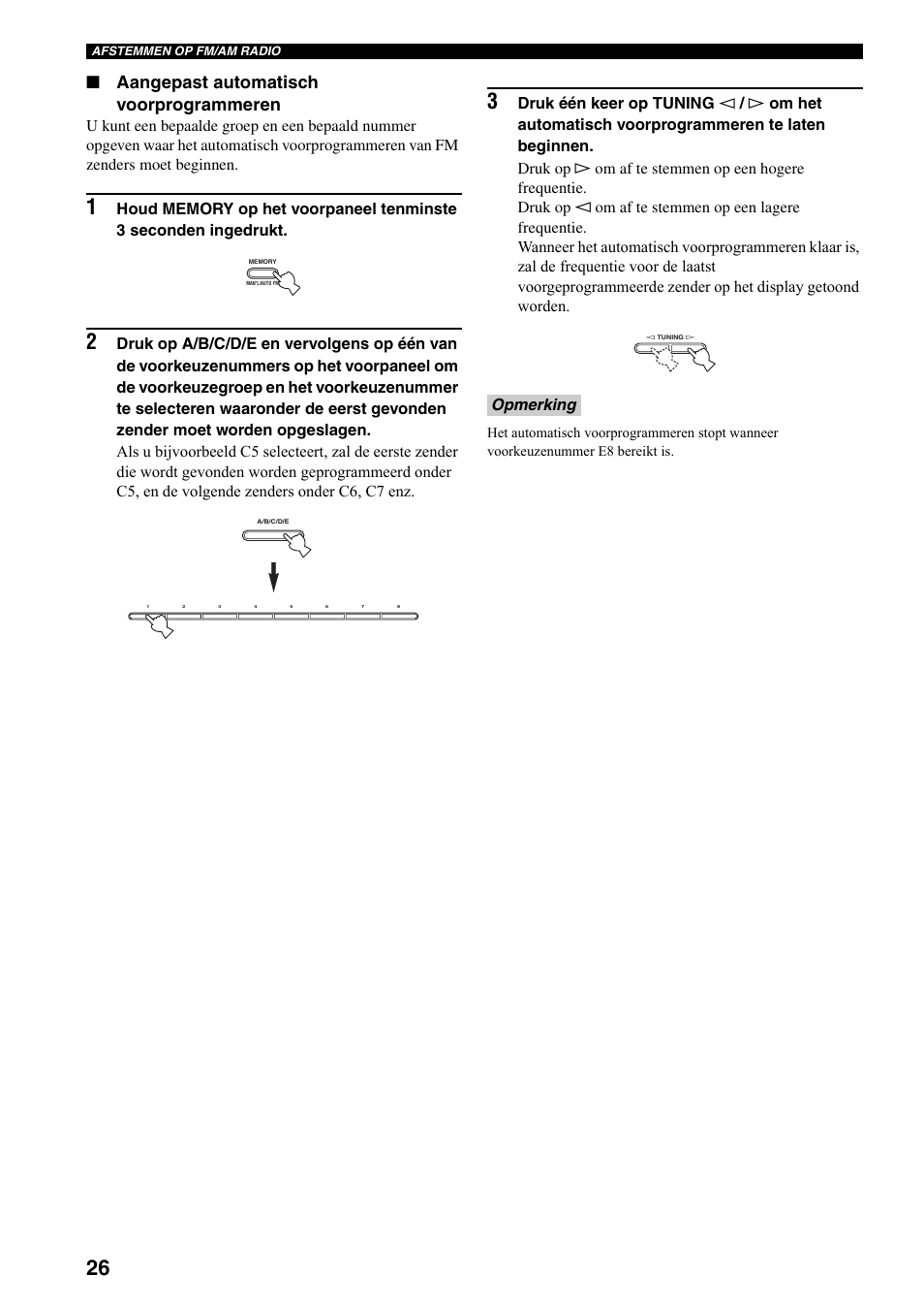 Bron (zie bladzijde 26), Aangepast automatisch voorprogrammeren, Opmerking | Yamaha RX-797 User Manual | Page 204 / 266