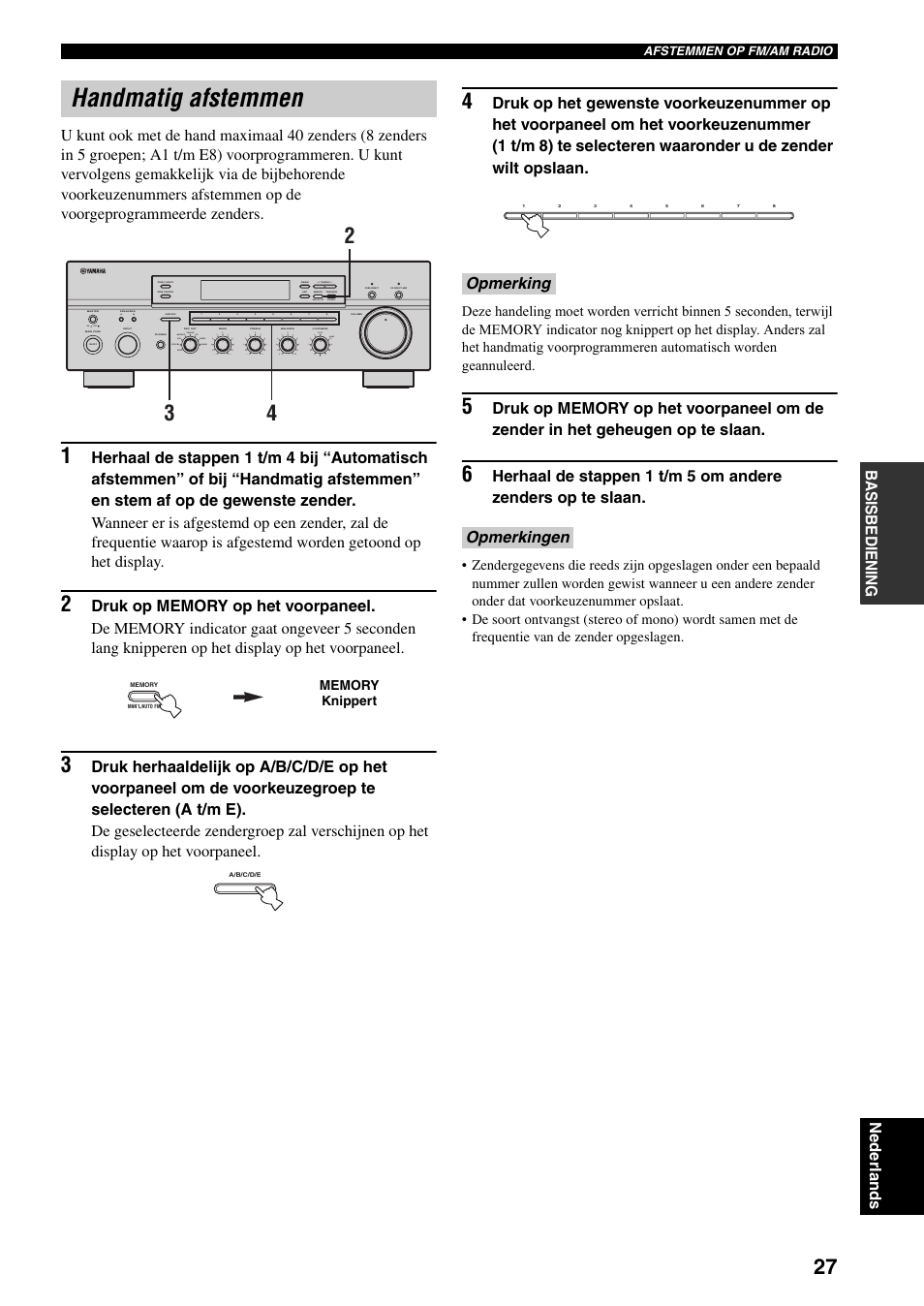 Handmatig afstemmen, Opmerking opmerkingen, On off | Man'l/auto fm, Auto/man'l b a, Md/tape source cd dvd vcr tuner dtv/cbl phono | Yamaha RX-797 User Manual | Page 205 / 266