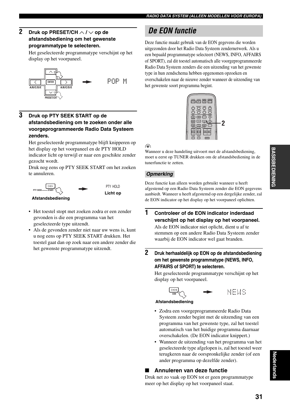 De eon functie, Pop m, Annuleren van deze functie | Ba sisbediening nederlands, Opmerking | Yamaha RX-797 User Manual | Page 209 / 266