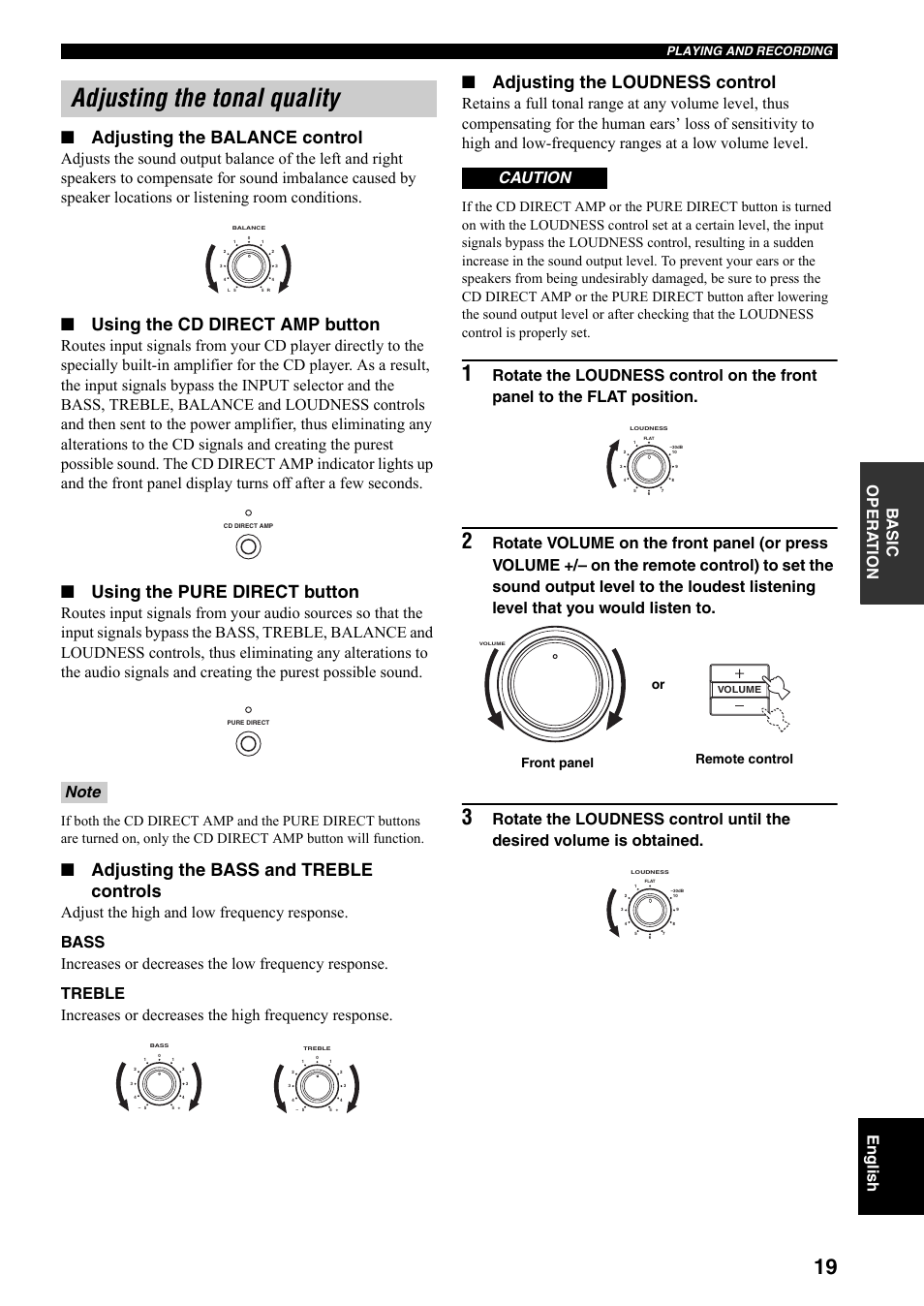 Adjusting the tonal quality, Adjusting the balance control, Using the cd direct amp button | Using the pure direct button, Adjusting the bass and treble controls, Adjusting the loudness control, Caution, Remote control front panel or, Playing and recording | Yamaha RX-797 User Manual | Page 21 / 266