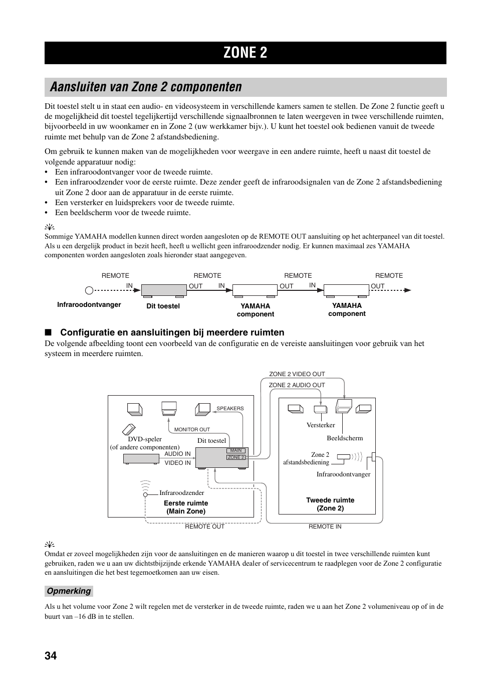 Zone 2, Aansluiten van zone 2 componenten, Zie 34 voor meer infor | Zie 34 voo, Configuratie en aansluitingen bij meerdere ruimten | Yamaha RX-797 User Manual | Page 212 / 266