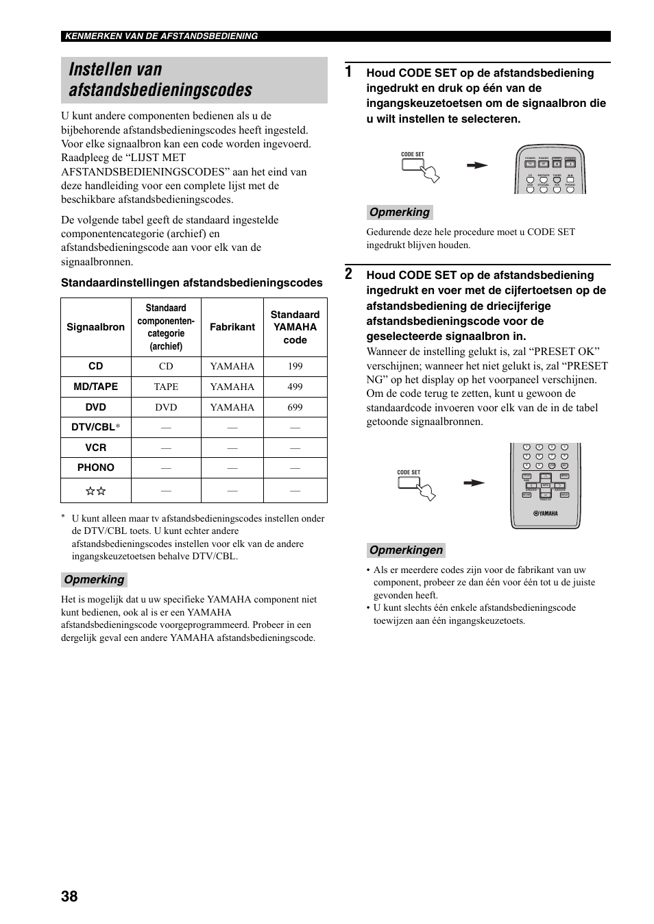 Instellen van afstandsbedieningscodes, Opmerking, Opmerking opmerkingen | Yamaha RX-797 User Manual | Page 216 / 266