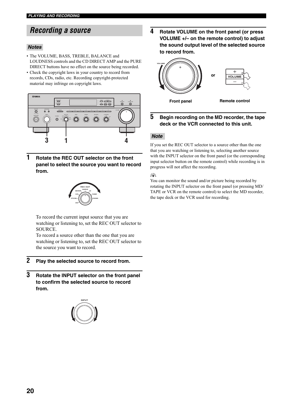 Recording a source, Play the selected source to record from, On off | Man'l/auto fm, Auto/man'l b a, Md/tape source cd dvd vcr tuner dtv/cbl phono | Yamaha RX-797 User Manual | Page 22 / 266