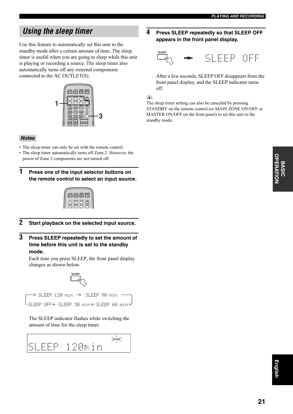 Using the sleep timer, Start playback on the selected input source | Yamaha RX-797 User Manual | Page 23 / 266