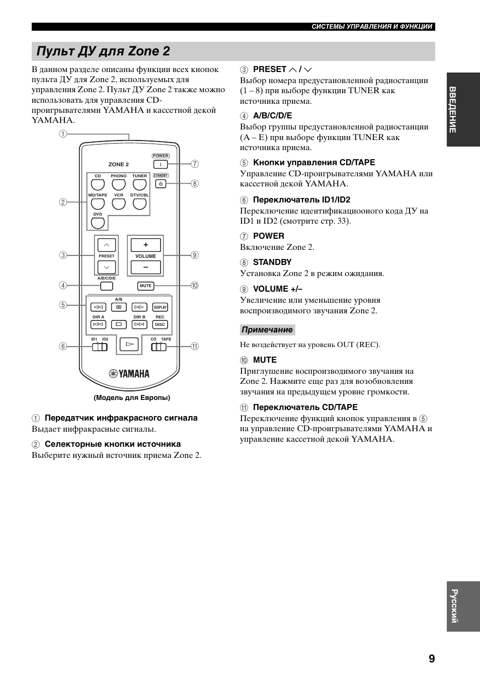 Пульт ду для zone 2, Примечание | Yamaha RX-797 User Manual | Page 231 / 266