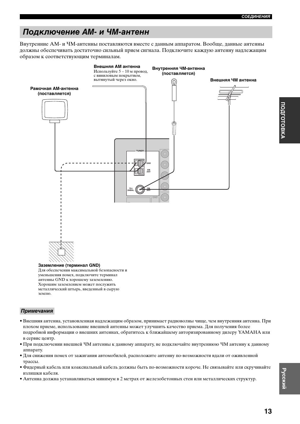 Подключение ам-и чм-антенн, Подключение ам- и чм-антенн, Примечания | Yamaha RX-797 User Manual | Page 235 / 266