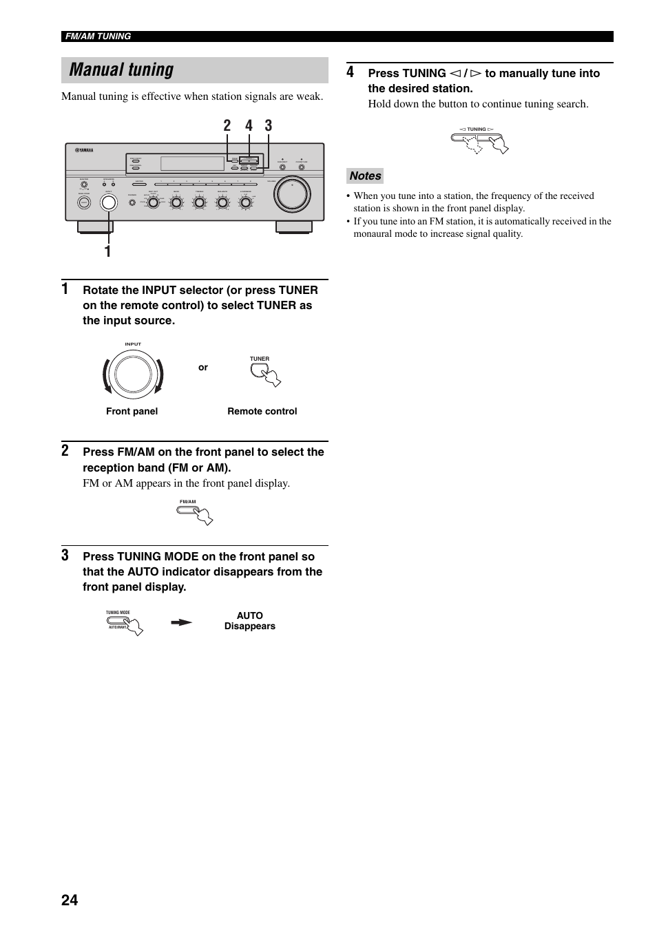 Manual tuning, On off, Man'l/auto fm | Auto/man'l b a, Md/tape source cd dvd vcr tuner dtv/cbl phono | Yamaha RX-797 User Manual | Page 26 / 266