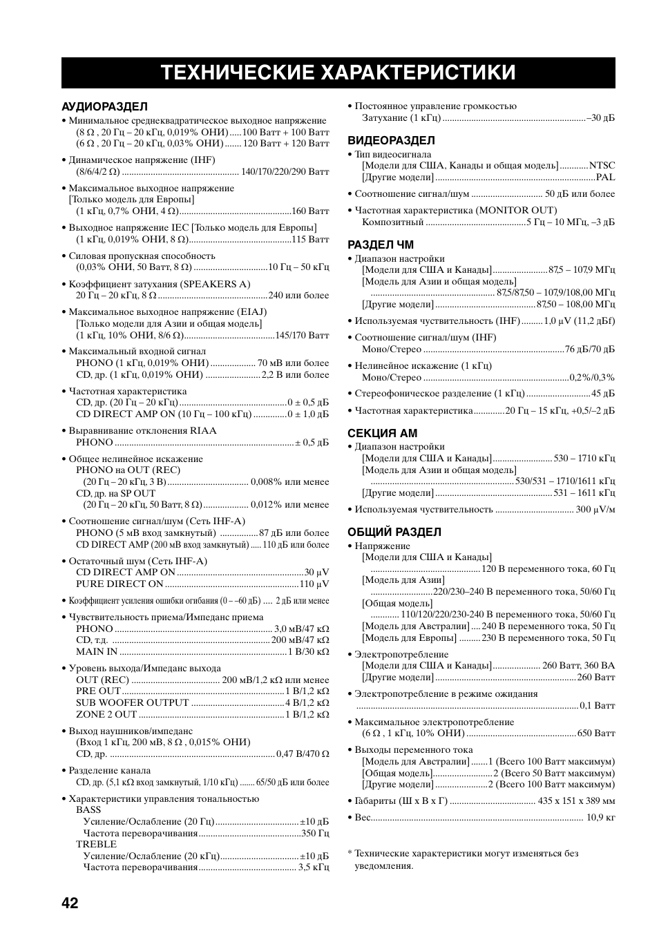 Технические характеристики | Yamaha RX-797 User Manual | Page 264 / 266