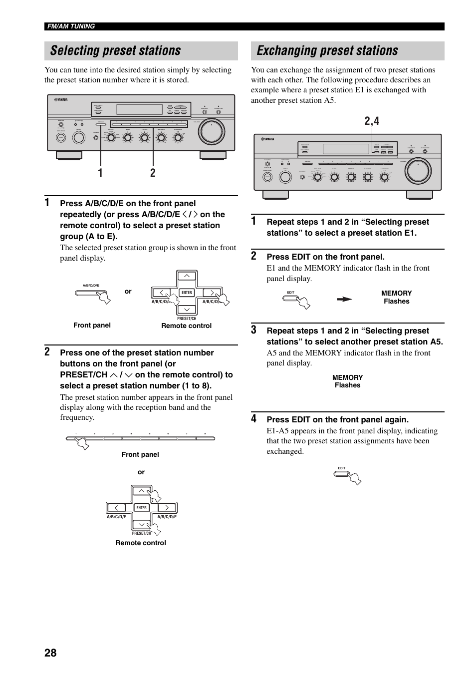 Selecting preset stations, Exchanging preset stations, Ge 28) | On off, Man'l/auto fm, Auto/man'l b a, Md/tape source cd dvd vcr tuner dtv/cbl phono | Yamaha RX-797 User Manual | Page 30 / 266