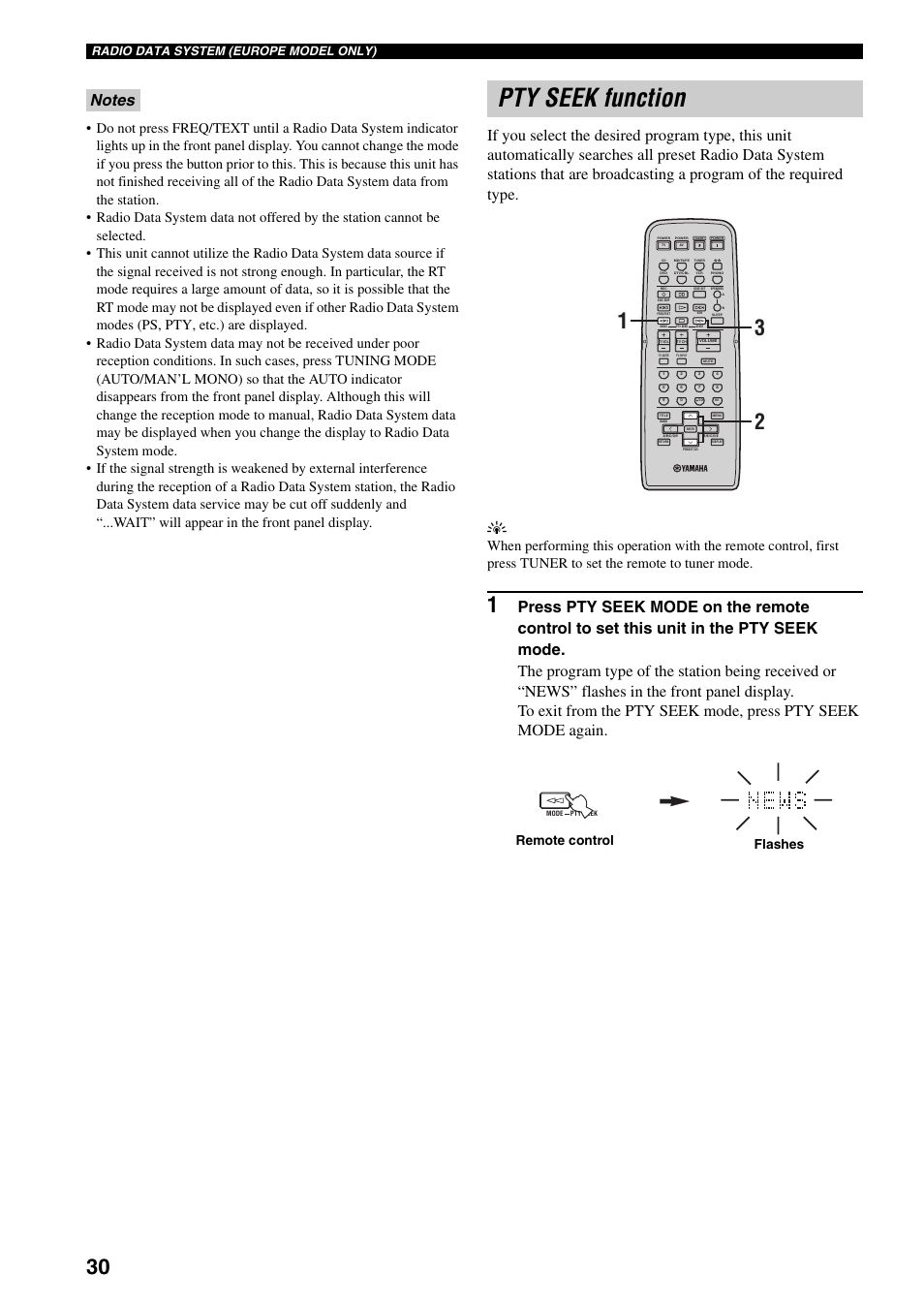 Pty seek function, Remote control flashes, Radio data system (europe model only) | Yamaha RX-797 User Manual | Page 32 / 266