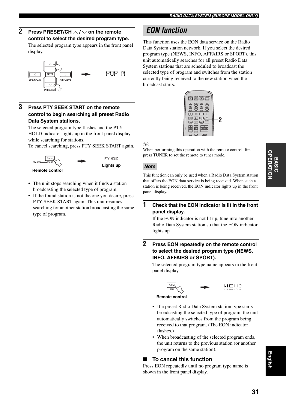 Eon function, Pop m | Yamaha RX-797 User Manual | Page 33 / 266