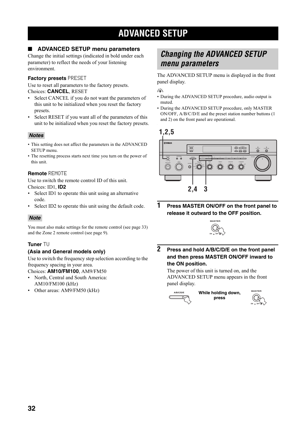 Advanced operation, Advanced setup, Changing the advanced setup menu parameters | Changing the advanced setup menu, Parameters, Advanced setup menu parameters | Yamaha RX-797 User Manual | Page 34 / 266