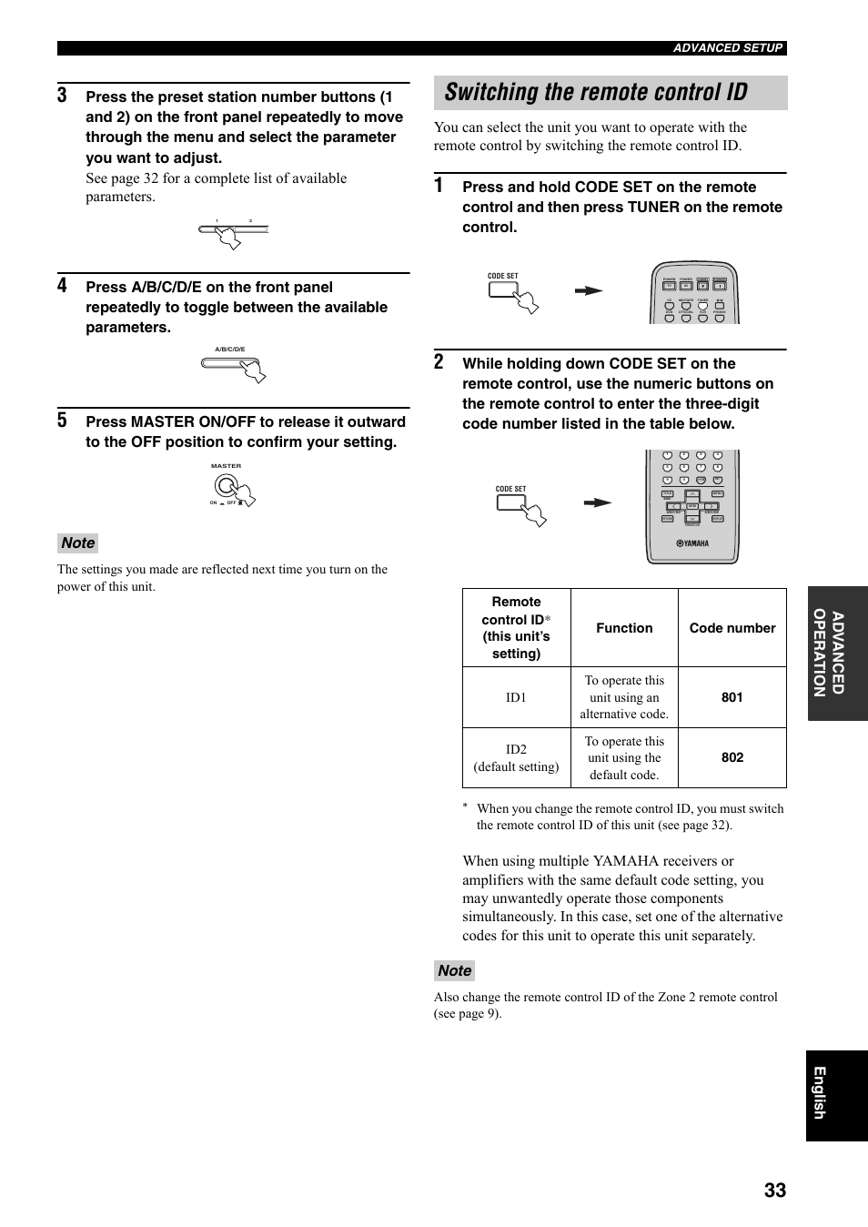 Switching the remote control id, Ad v a nced op era t io n english | Yamaha RX-797 User Manual | Page 35 / 266
