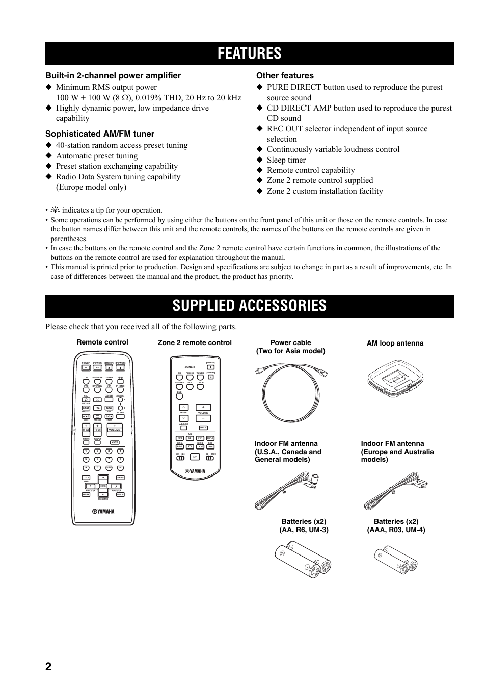 Introduction, Features, Supplied accessories | Features supplied accessories | Yamaha RX-797 User Manual | Page 4 / 266