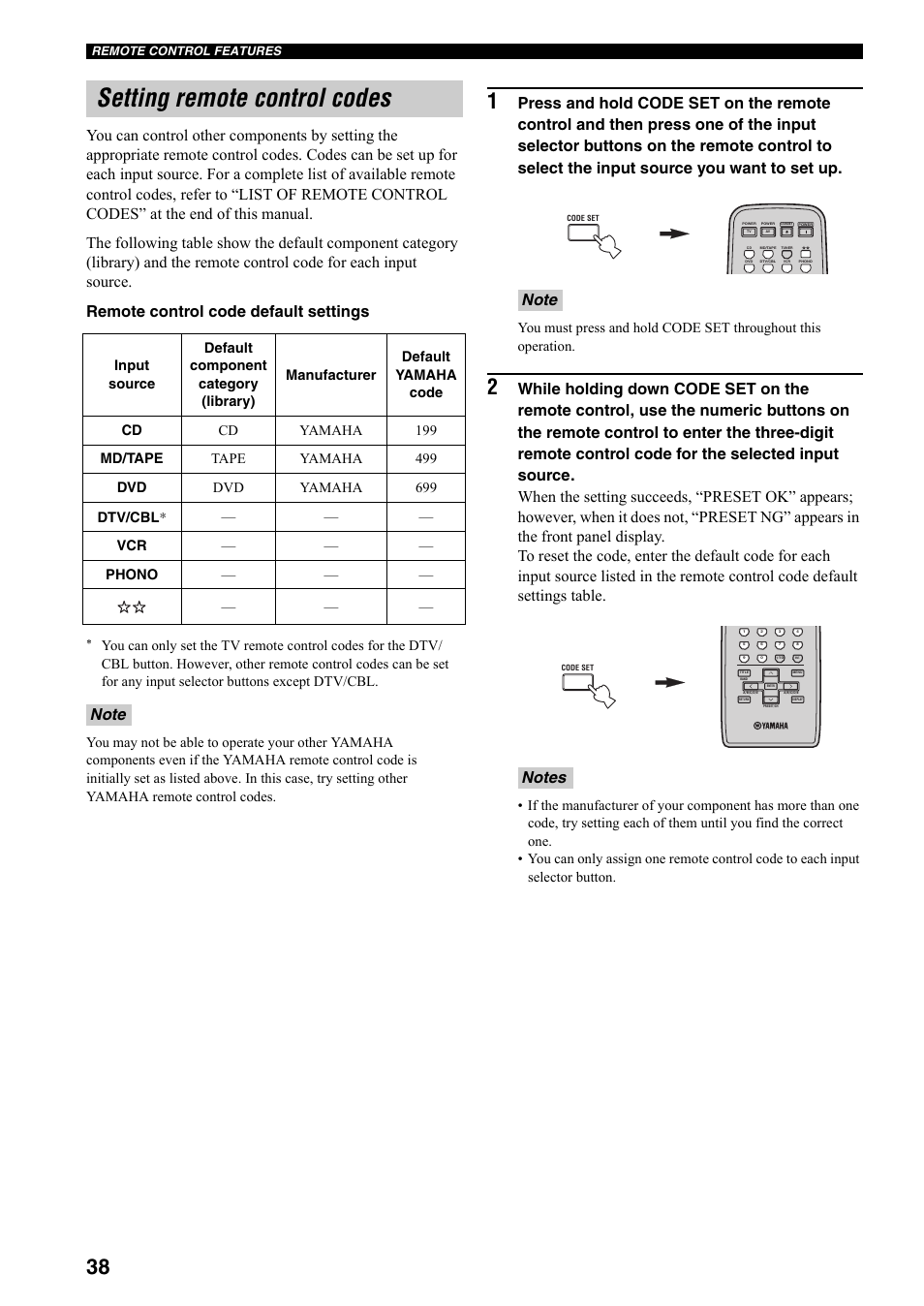 Setting remote control codes | Yamaha RX-797 User Manual | Page 40 / 266