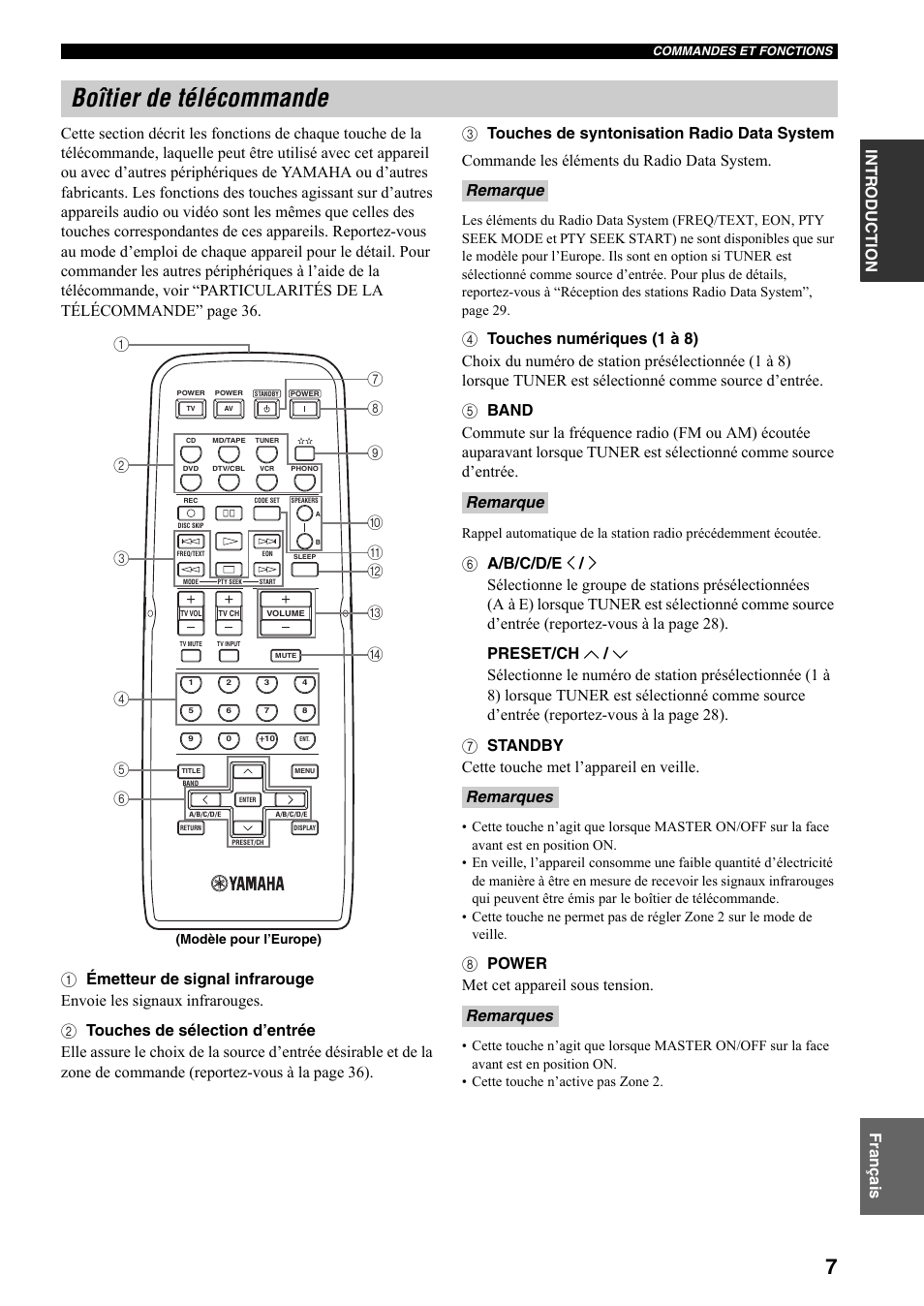 Boîtier de télécommande, 8 power met cet appareil sous tension, Remarque | Remarque remarques remarques | Yamaha RX-797 User Manual | Page 53 / 266