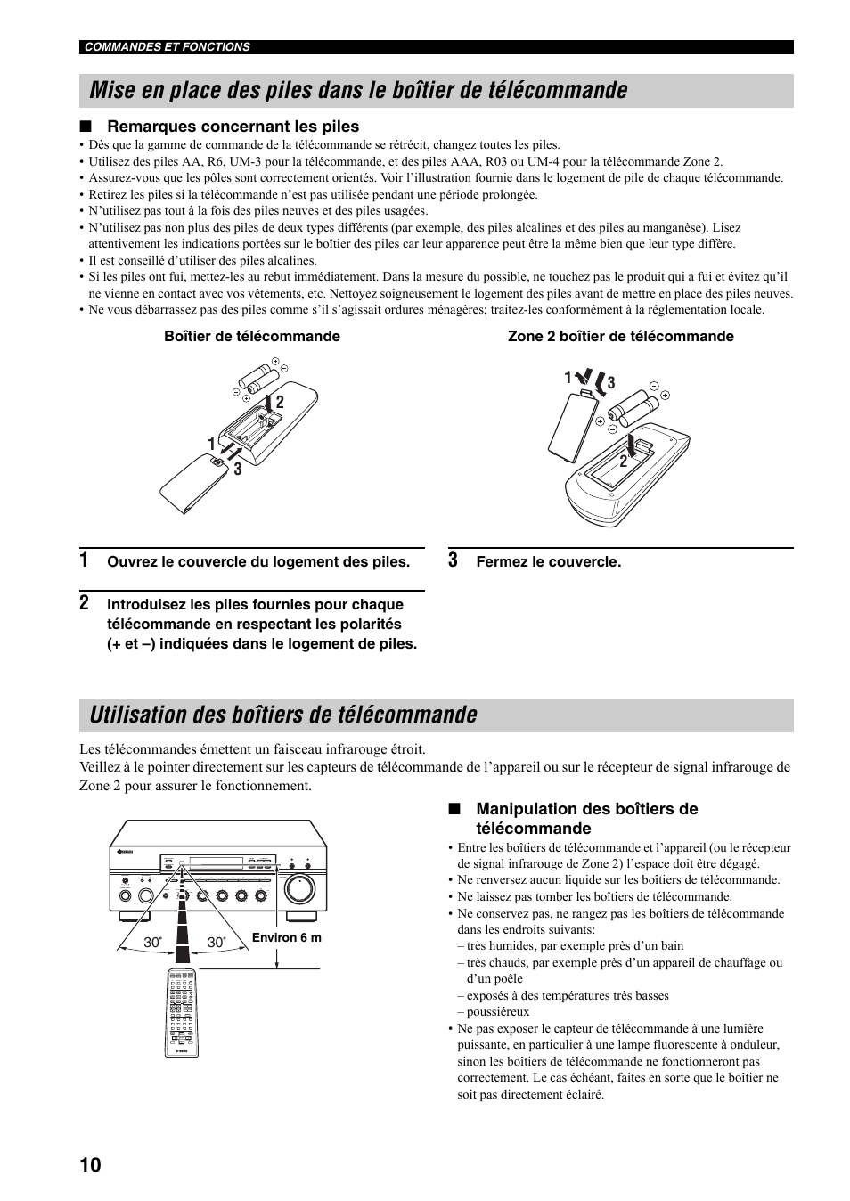 Utilisation des boîtiers de télécommande, Mise en place des piles dans le boîtier de, Télécommande | Remarques concernant les piles, Manipulation des boîtiers de télécommande | Yamaha RX-797 User Manual | Page 56 / 266