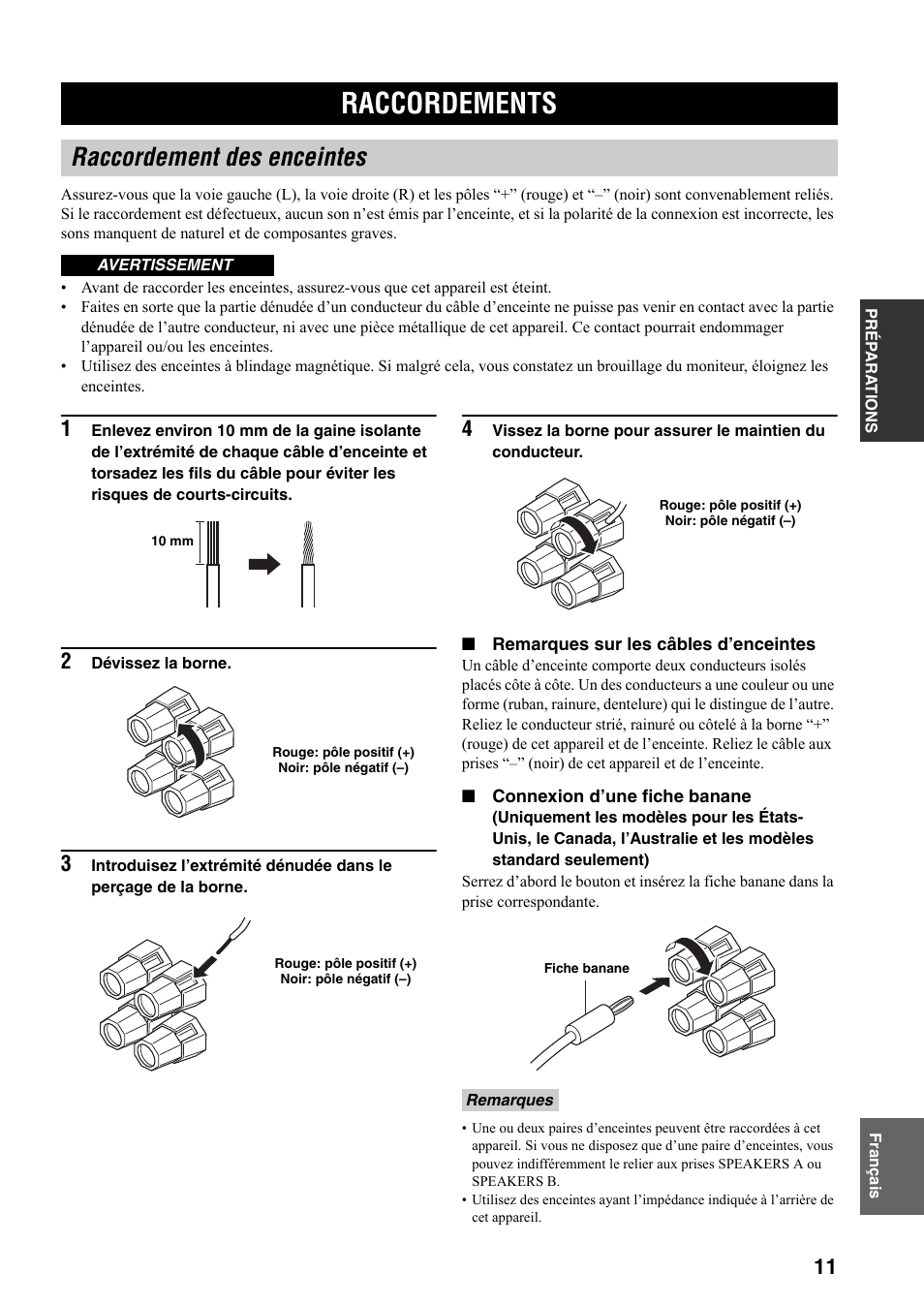 Préparations, Raccordements, Raccordement des enceintes | Yamaha RX-797 User Manual | Page 57 / 266