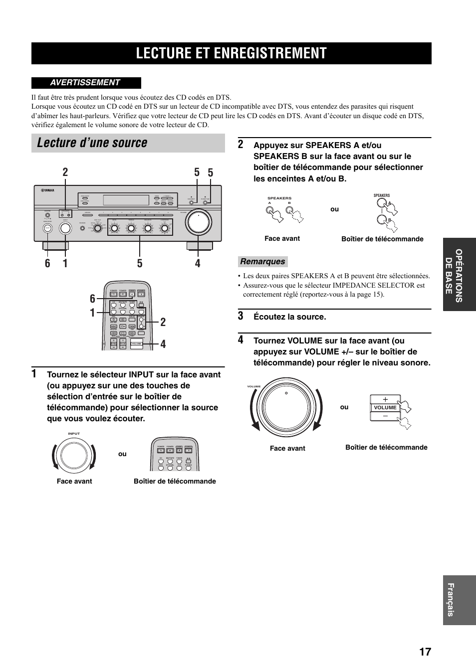 Opérations de base, Lecture et enregistrement, Lecture d’une source | Fr anç a is opéra t ions de b a se, Écoutez la source, Avertissement, Remarques, On off, Man'l/auto fm, Auto/man'l b a | Yamaha RX-797 User Manual | Page 63 / 266