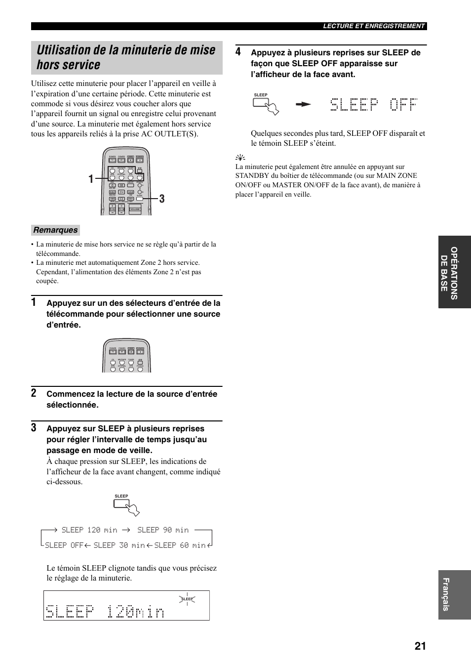 Utilisation de la minuterie de mise hors service, Remarques | Yamaha RX-797 User Manual | Page 67 / 266